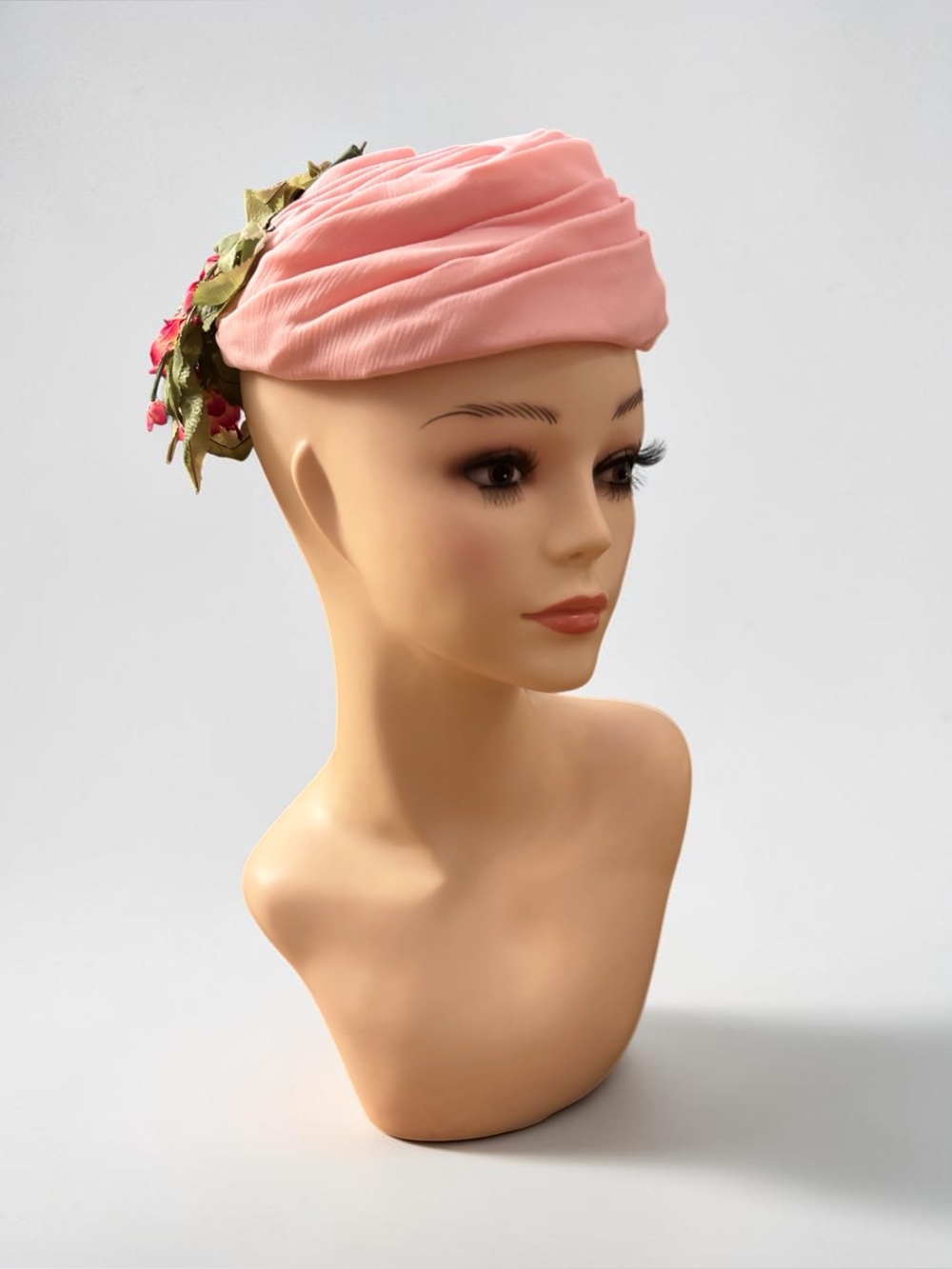Worth Of Boston Vintage 1950’s Pink Fabric Hat w/ Flowers Pinned To The Side